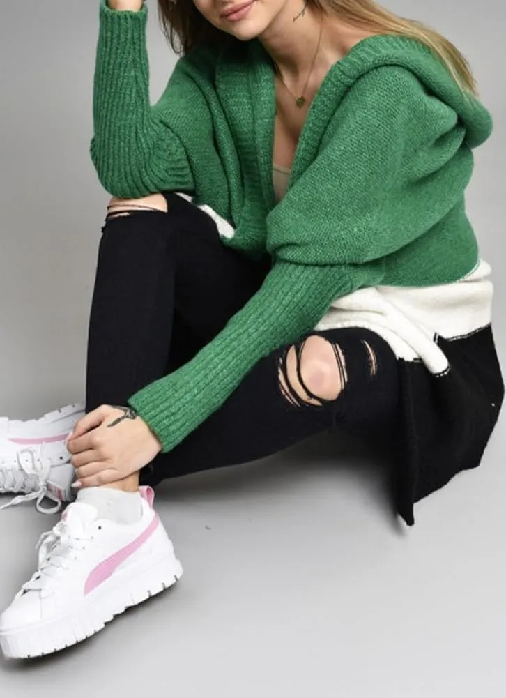 Women's Oversized Hooded Cardigan Color Block Open Front Sweater Chunky Knit Long Coatigan Coat