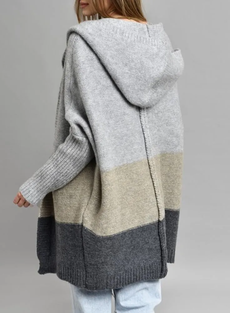 Women's Oversized Hooded Cardigan Color Block Open Front Sweater Chunky Knit Long Coatigan Coat