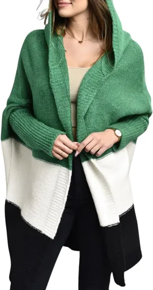 Women's Oversized Hooded Cardigan Color Block Open Front Sweater Chunky Knit Long Coatigan Coat