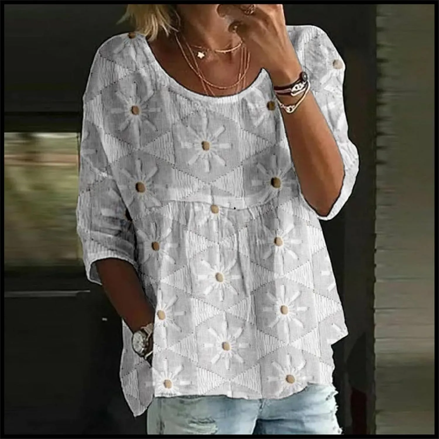 Women's Peasant Boho Tunic Tops 3/4 Length Sleeve Floral Print Round Neck Tee Shirt Trendy Loose Fit Flowy Blouses