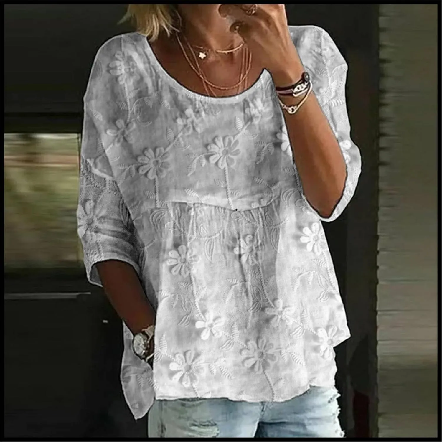Women's Peasant Boho Tunic Tops 3/4 Length Sleeve Floral Print Round Neck Tee Shirt Trendy Loose Fit Flowy Blouses