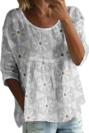 Women's Peasant Boho Tunic Tops 3/4 Length Sleeve Floral Print Round Neck Tee Shirt Trendy Loose Fit Flowy Blouses