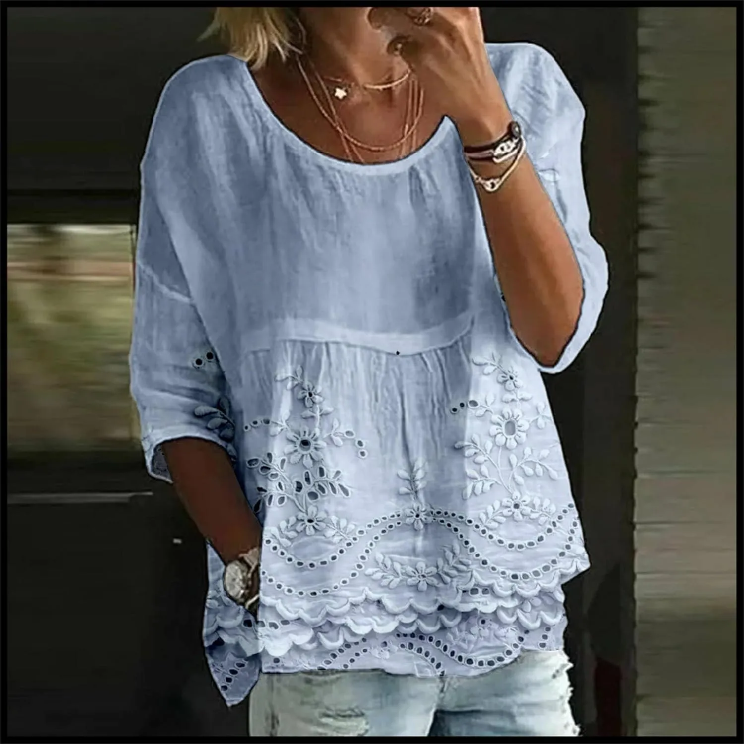 Women's Peasant Boho Tunic Tops 3/4 Length Sleeve Floral Print Round Neck Tee Shirt Trendy Loose Fit Flowy Blouses