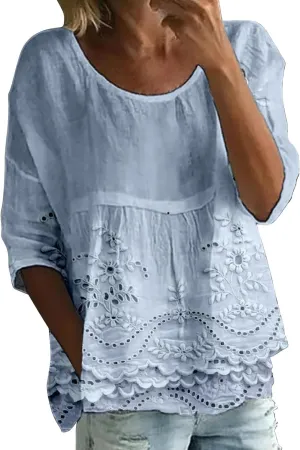 Women's Peasant Boho Tunic Tops 3/4 Length Sleeve Floral Print Round Neck Tee Shirt Trendy Loose Fit Flowy Blouses