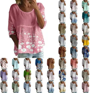 Women's Peasant Boho Tunic Tops 3/4 Length Sleeve Floral Print Round Neck Tee Shirt Trendy Loose Fit Flowy Blouses