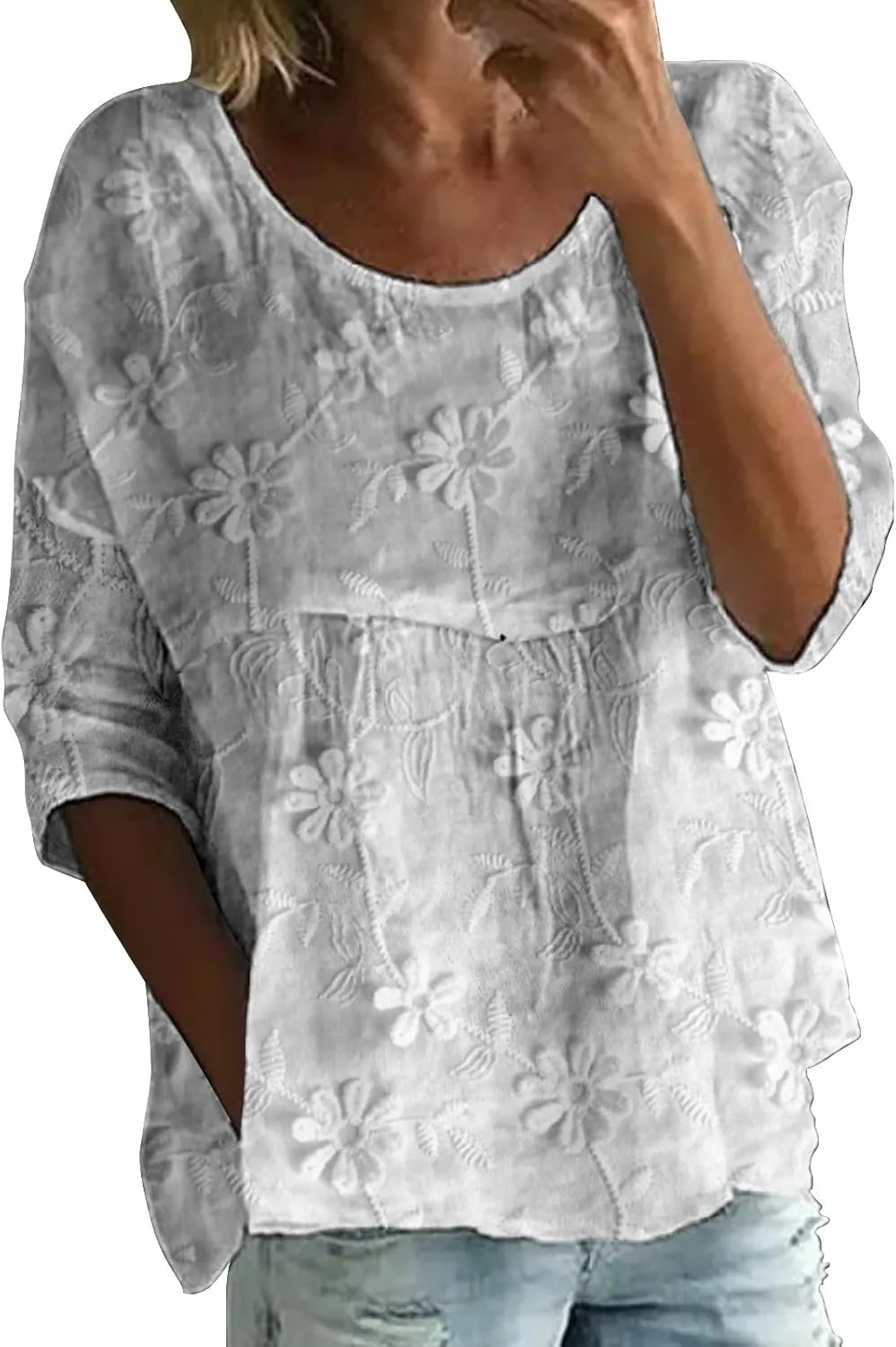 Women's Peasant Boho Tunic Tops 3/4 Length Sleeve Floral Print Round Neck Tee Shirt Trendy Loose Fit Flowy Blouses