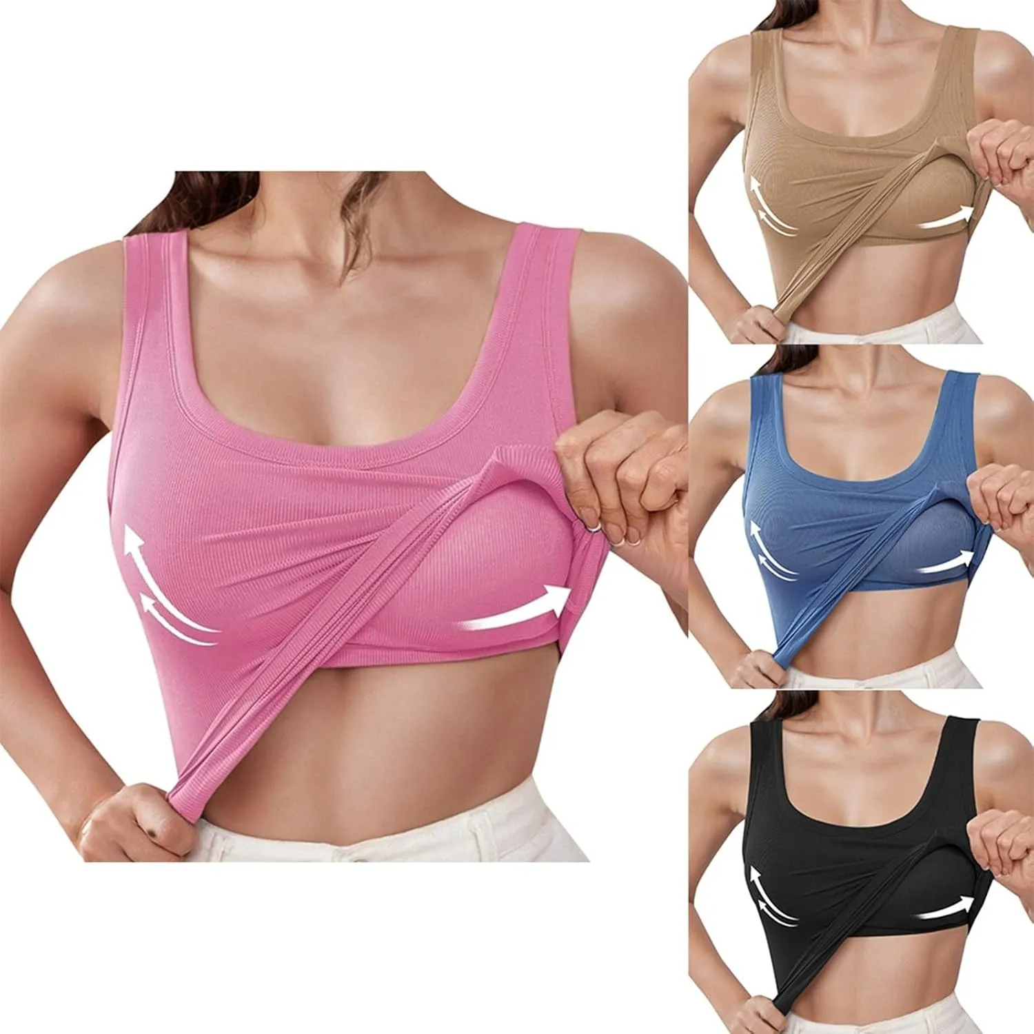 Women's Ribbed Racerback Built-in Bra Tank Tops with Convertible Necklines & Removable Breathable Undershirts