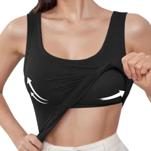Women's Ribbed Racerback Built-in Bra Tank Tops with Convertible Necklines & Removable Breathable Undershirts