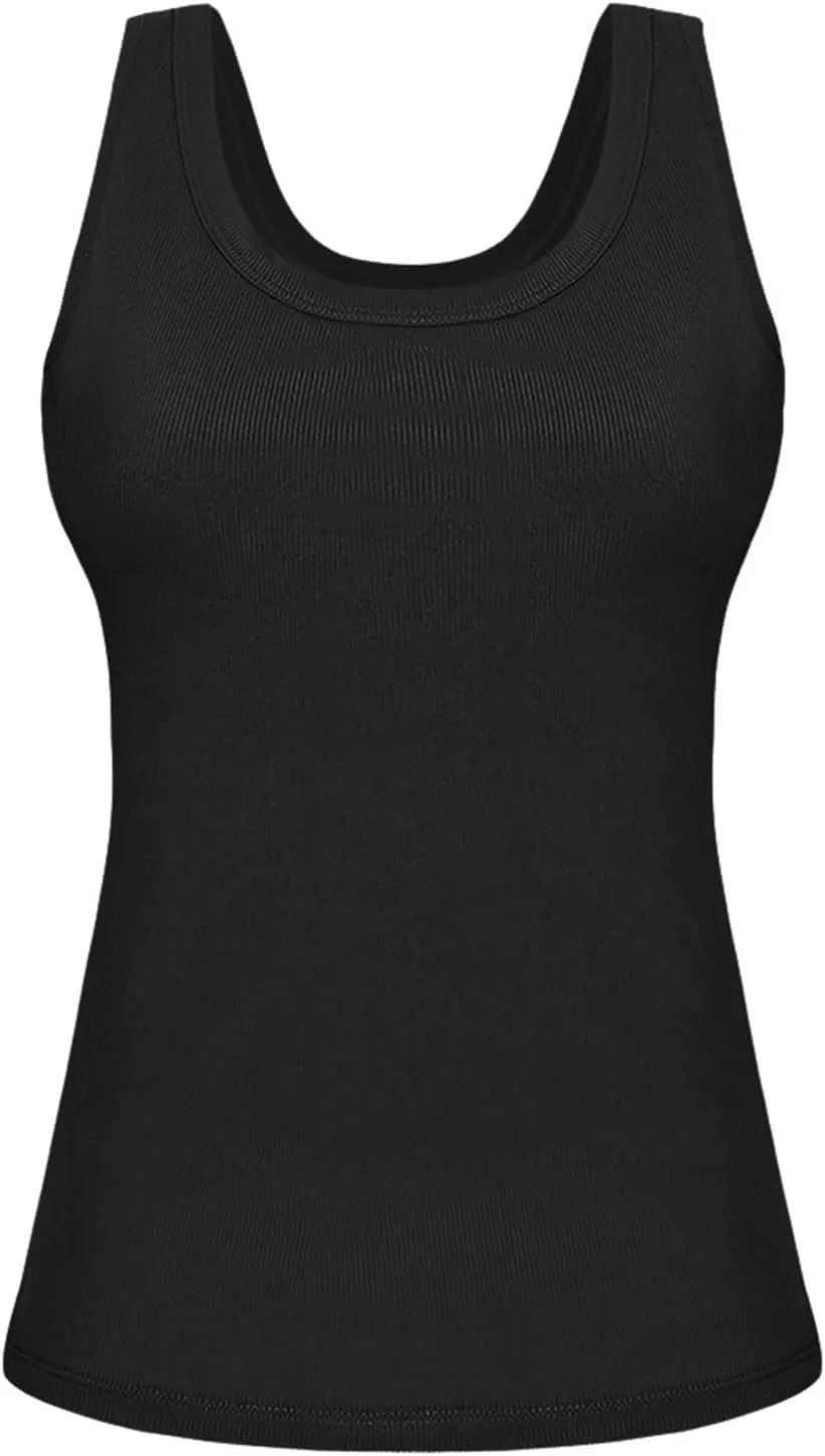 Women's Ribbed Racerback Built-in Bra Tank Tops with Convertible Necklines & Removable Breathable Undershirts