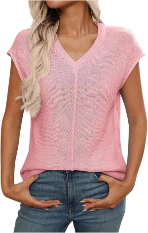 Women's Solid Color V-Neck Knit Tank Tops, Summer Loose Breathable Sleeveless Casual Shirts Lightweight Comfy Clothes