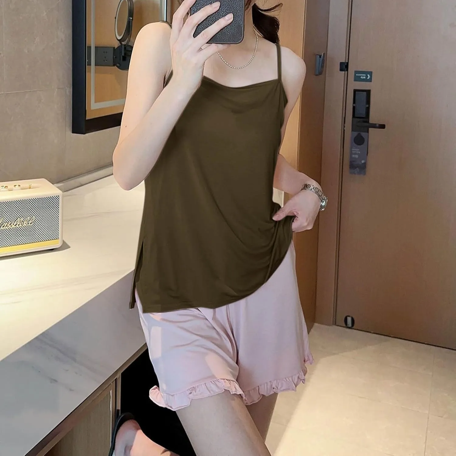 Women's Spaghetti Strap Camisole, Summer Casual Fashion Sleeveless Tank Shirts Comfy Breathable Side Split Tops