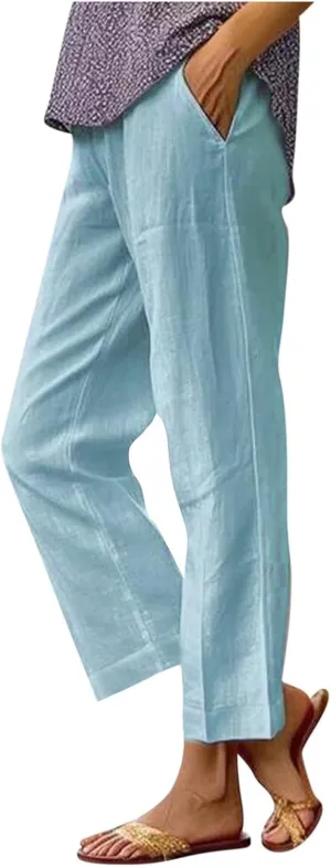Women's Straight Leg Casual Pants Elastic Waist 2025 Solid Color Trousers Comfortable Pocket Lounge Wear