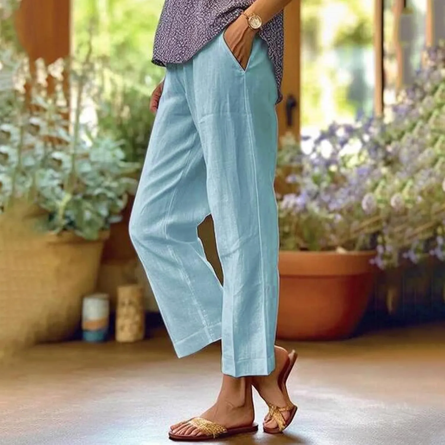 Women's Straight Leg Casual Pants Elastic Waist 2025 Solid Color Trousers Comfortable Pocket Lounge Wear