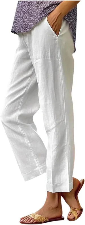 Women's Straight Leg Casual Pants Elastic Waist 2025 Solid Color Trousers Comfortable Pocket Lounge Wear