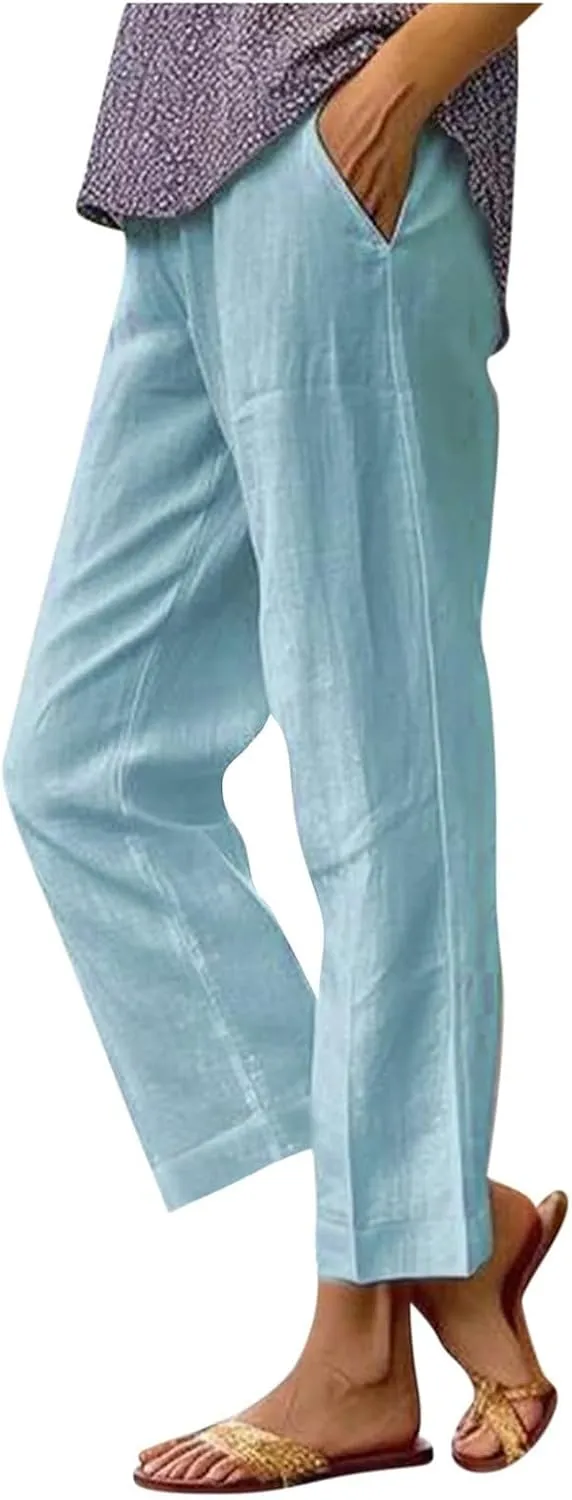 Women's Straight Leg Casual Pants Elastic Waist 2025 Solid Color Trousers Comfortable Pocket Lounge Wear