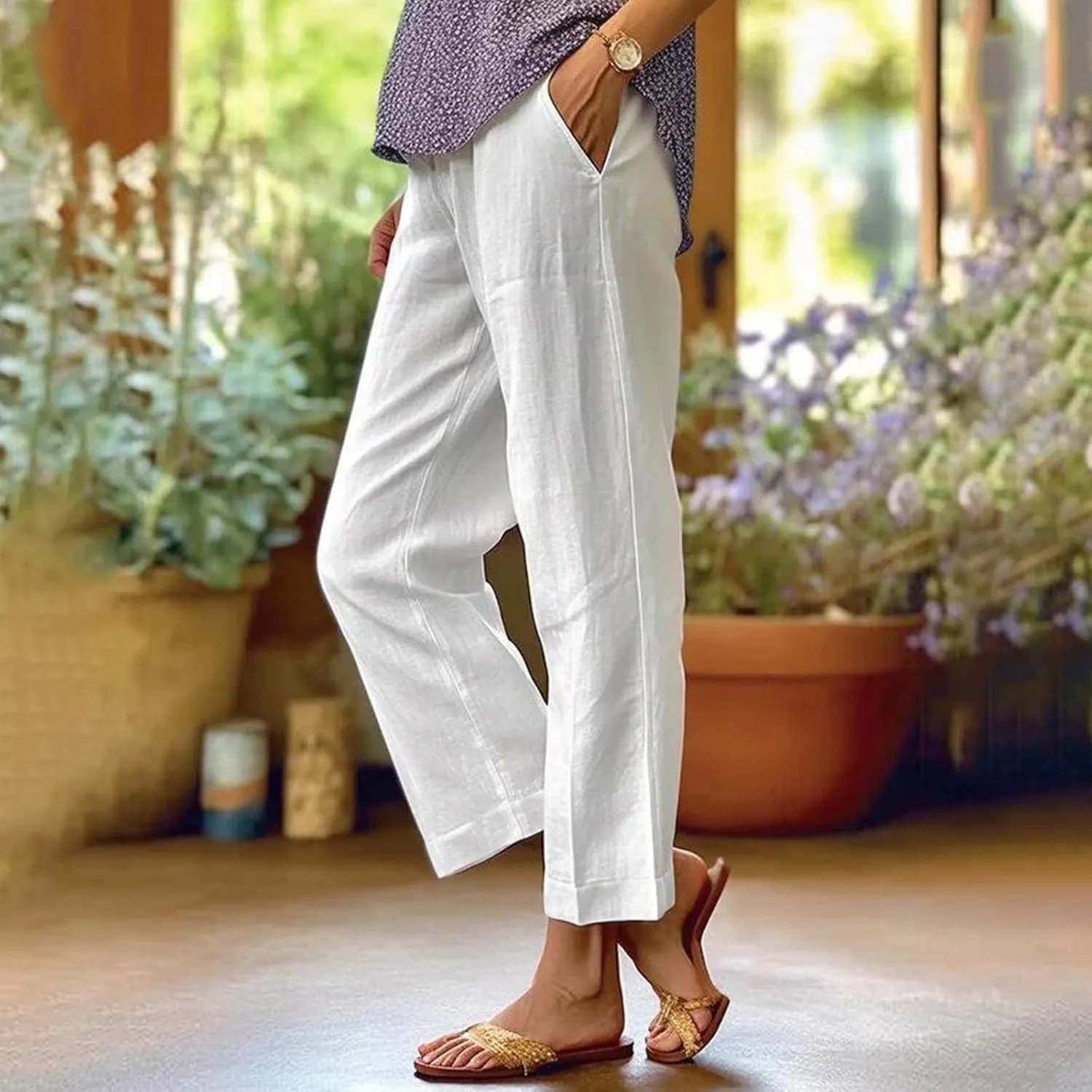 Women's Straight Leg Casual Pants Elastic Waist 2025 Solid Color Trousers Comfortable Pocket Lounge Wear