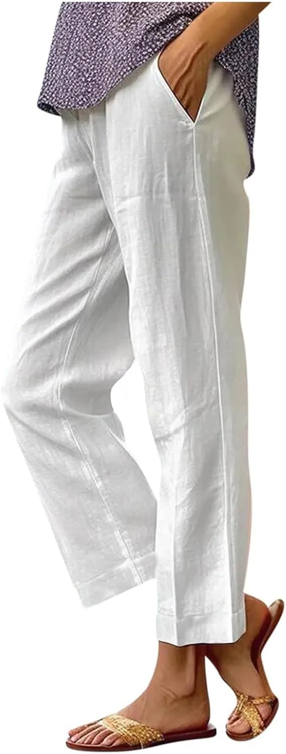 Women's Straight Leg Casual Pants Elastic Waist 2025 Solid Color Trousers Comfortable Pocket Lounge Wear