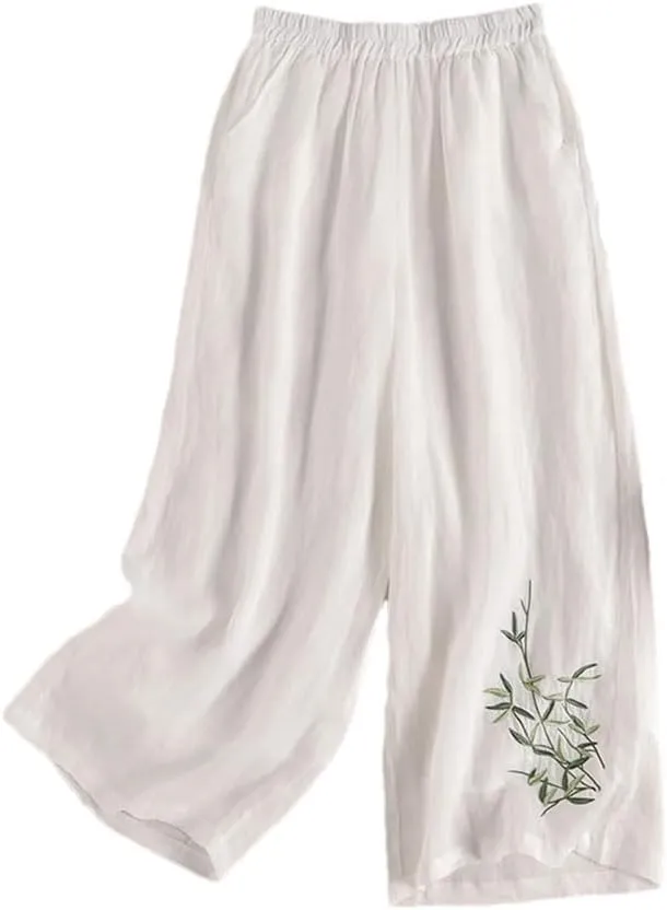 Womens Summer Linen Wide Leg Pants High Waist Embroidered Straight Casual High Street Trousers
