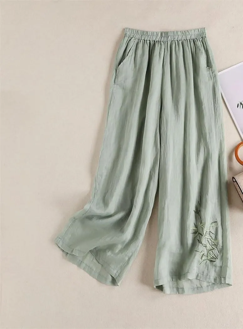 Womens Summer Linen Wide Leg Pants High Waist Embroidered Straight Casual High Street Trousers