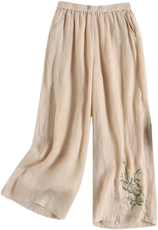 Womens Summer Linen Wide Leg Pants High Waist Embroidered Straight Casual High Street Trousers