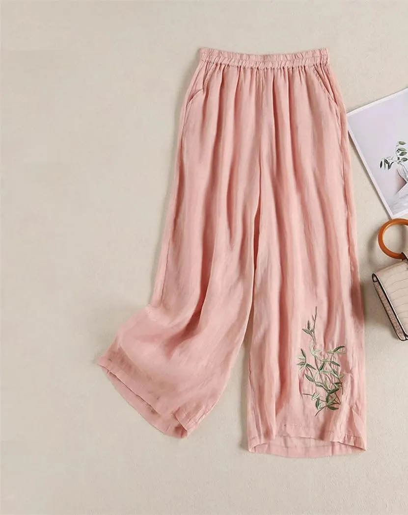 Womens Summer Linen Wide Leg Pants High Waist Embroidered Straight Casual High Street Trousers