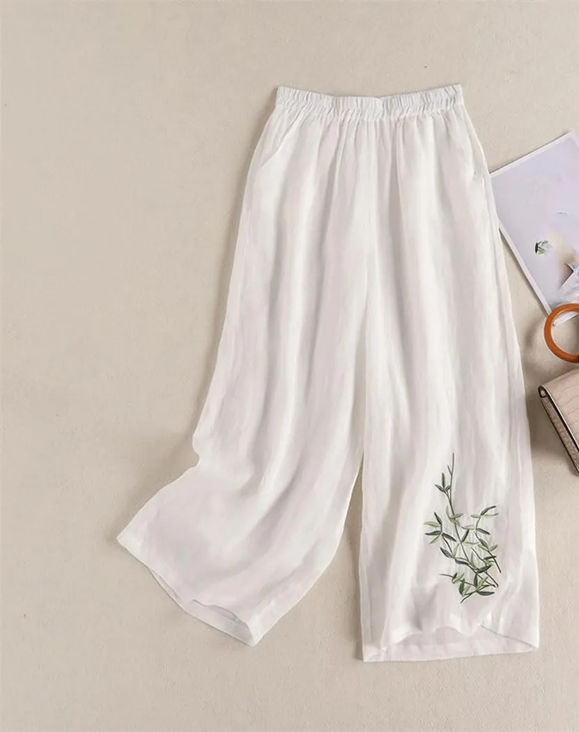 Womens Summer Linen Wide Leg Pants High Waist Embroidered Straight Casual High Street Trousers
