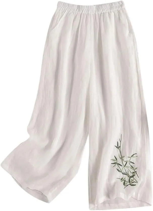 Womens Summer Linen Wide Leg Pants High Waist Embroidered Straight Casual High Street Trousers