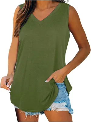Women's Tank Tops Loose Fit Casual Sleeveless V Neck T Shirts Plus Size Comfy Blouses Trendy Summer Tops