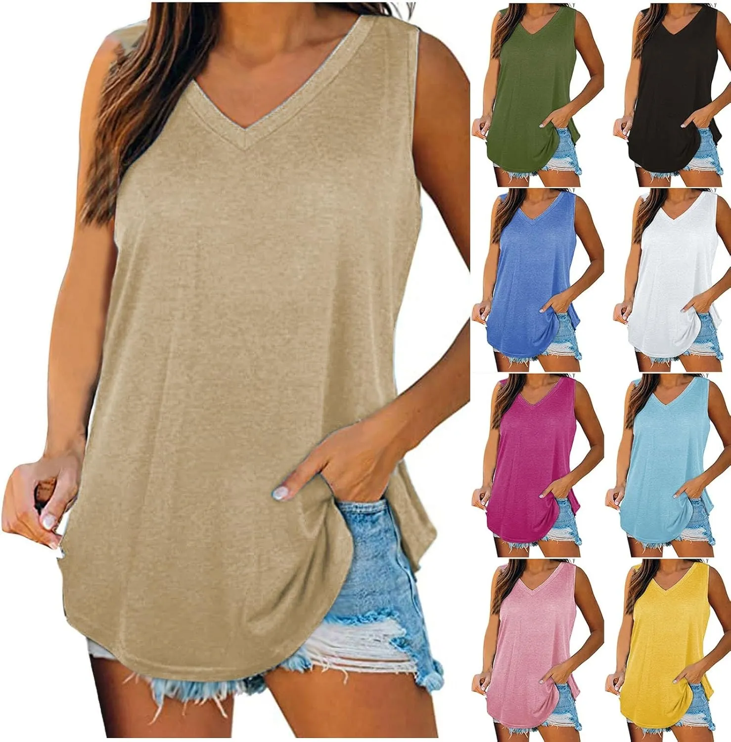 Women's Tank Tops Loose Fit Casual Sleeveless V Neck T Shirts Plus Size Comfy Blouses Trendy Summer Tops