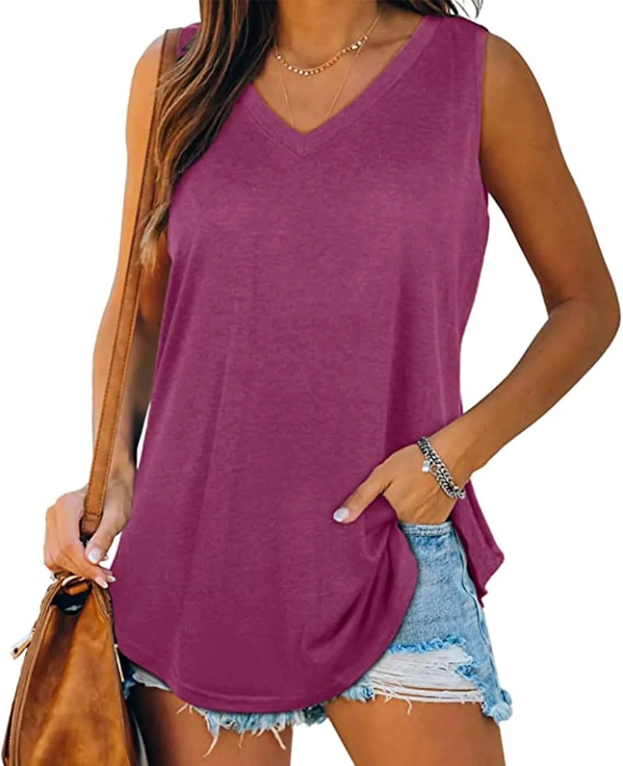 Women's Tank Tops Loose Fit Casual Sleeveless V Neck T Shirts Plus Size Comfy Blouses Trendy Summer Tops