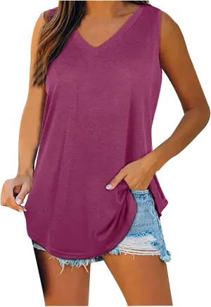 Women's Tank Tops Loose Fit Casual Sleeveless V Neck T Shirts Plus Size Comfy Blouses Trendy Summer Tops