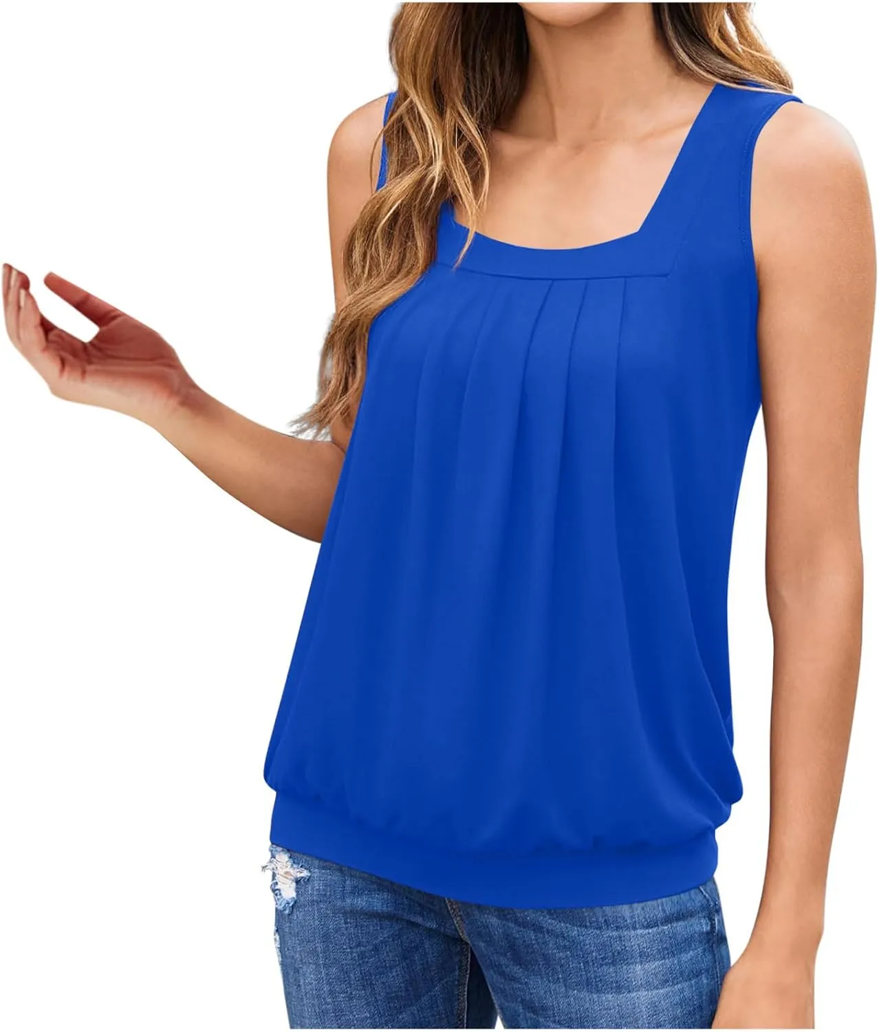 Womens Tank Tops Summer Square Neck Pleated Sleeveless Top Casual Loose Fit Basic Shirts Ladies Flowy Blouse