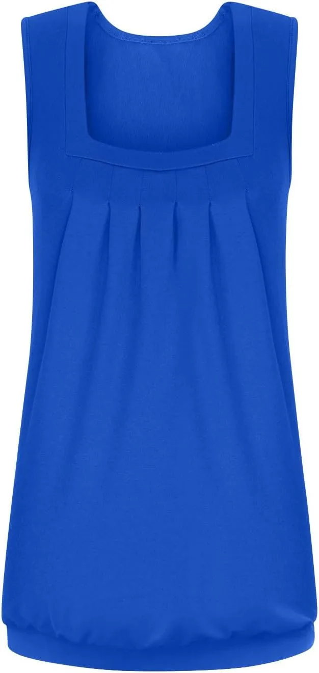 Womens Tank Tops Summer Square Neck Pleated Sleeveless Top Casual Loose Fit Basic Shirts Ladies Flowy Blouse