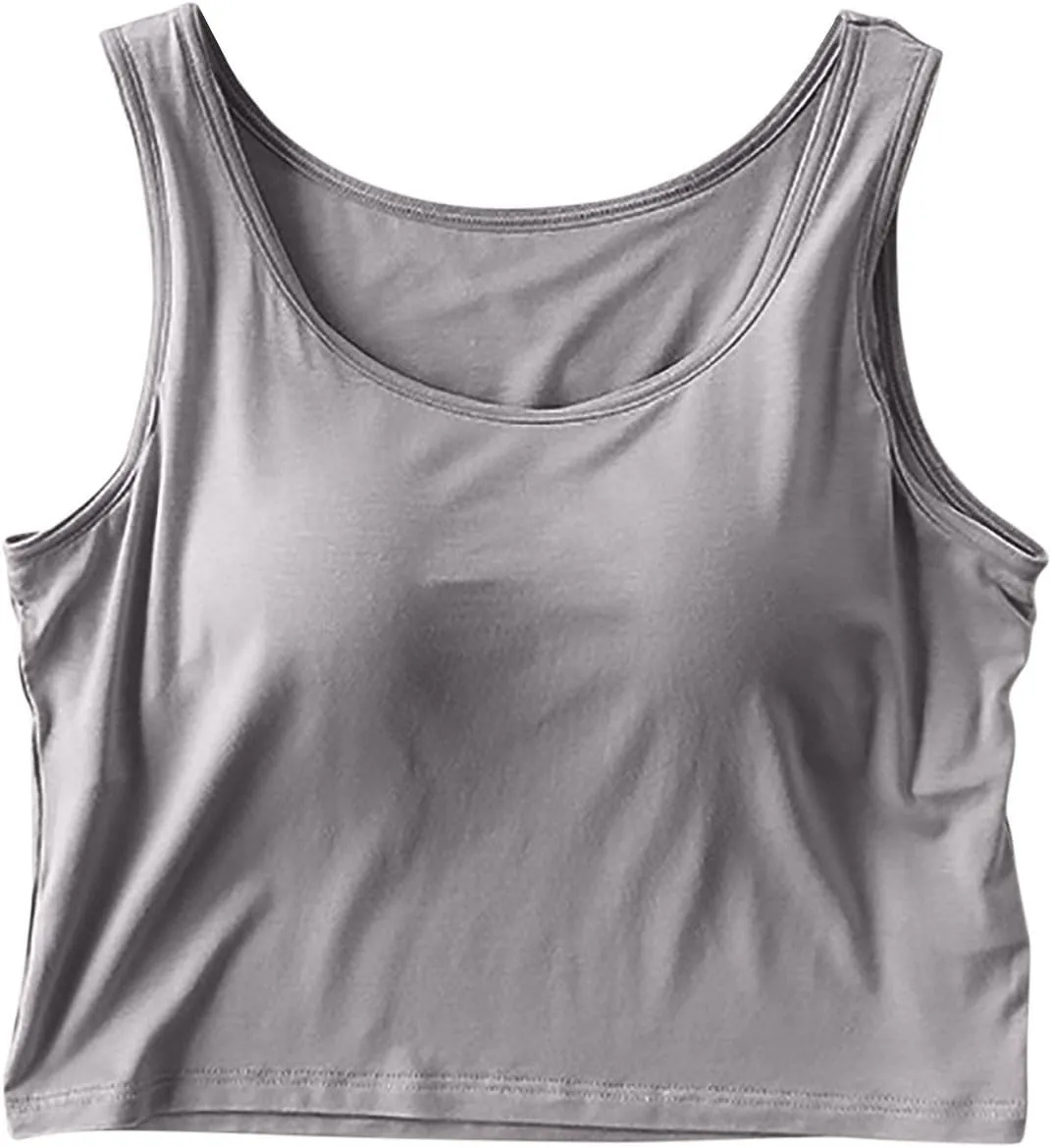 Women's Trendy Solid Color Cropped Tank Top with Built-in Padded Shelf Bra Comfy Versatile Undershirts Yoga Activewear