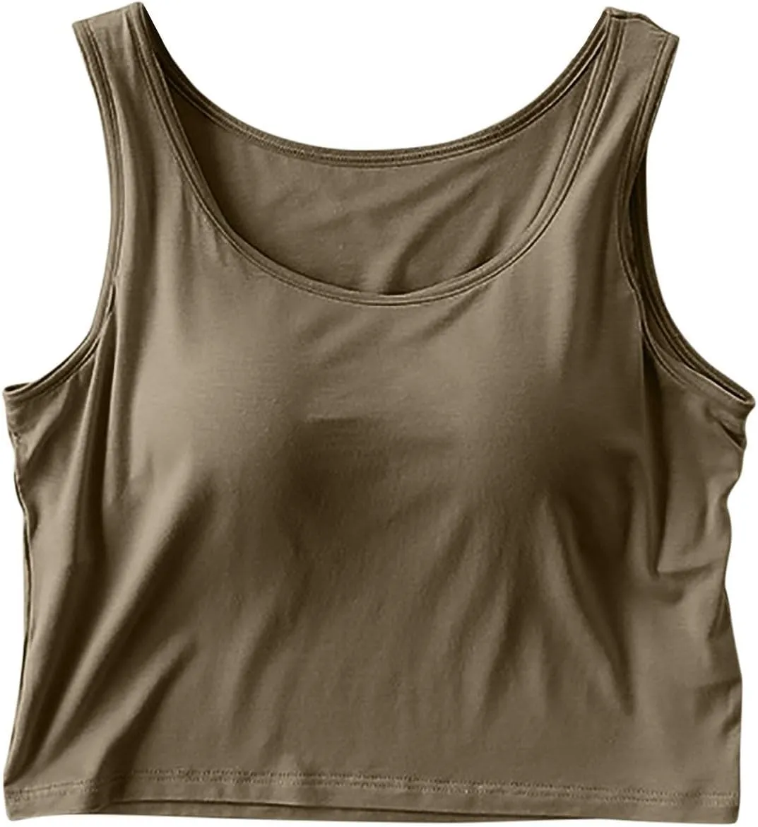 Women's Trendy Solid Color Cropped Tank Top with Built-in Padded Shelf Bra Comfy Versatile Undershirts Yoga Activewear