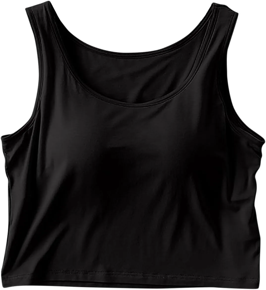 Women's Trendy Solid Color Cropped Tank Top with Built-in Padded Shelf Bra Comfy Versatile Undershirts Yoga Activewear
