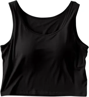 Women's Trendy Solid Color Cropped Tank Top with Built-in Padded Shelf Bra Comfy Versatile Undershirts Yoga Activewear