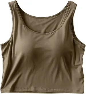 Women's Trendy Solid Color Cropped Tank Top with Built-in Padded Shelf Bra Comfy Versatile Undershirts Yoga Activewear