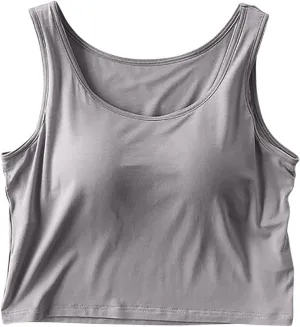 Women's Trendy Solid Color Cropped Tank Top with Built-in Padded Shelf Bra Comfy Versatile Undershirts Yoga Activewear