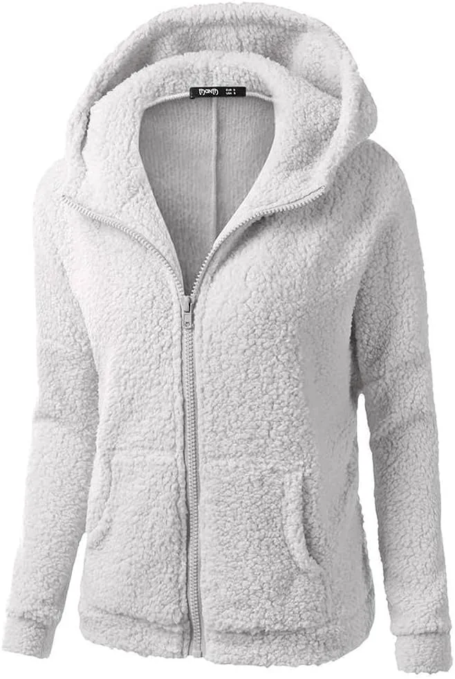 XUETON Womens Winter Warm Fleece Hoodie Jacket Coat Sherpa Lined Faux Fuzzy Long Sleeve Casual Zip Up Hooded Bomber Coat Light Gray