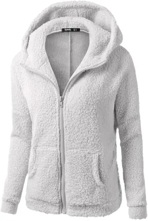 XUETON Womens Winter Warm Fleece Hoodie Jacket Coat Sherpa Lined Faux Fuzzy Long Sleeve Casual Zip Up Hooded Bomber Coat Light Gray