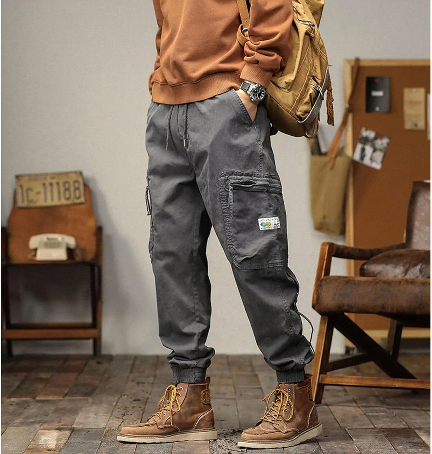 XYXIONGMAO Multi Pocket Cargo Pants for Men Japanese High Street Pants Drawstring Cargo Pants for Men Hip Hop Sweatpants