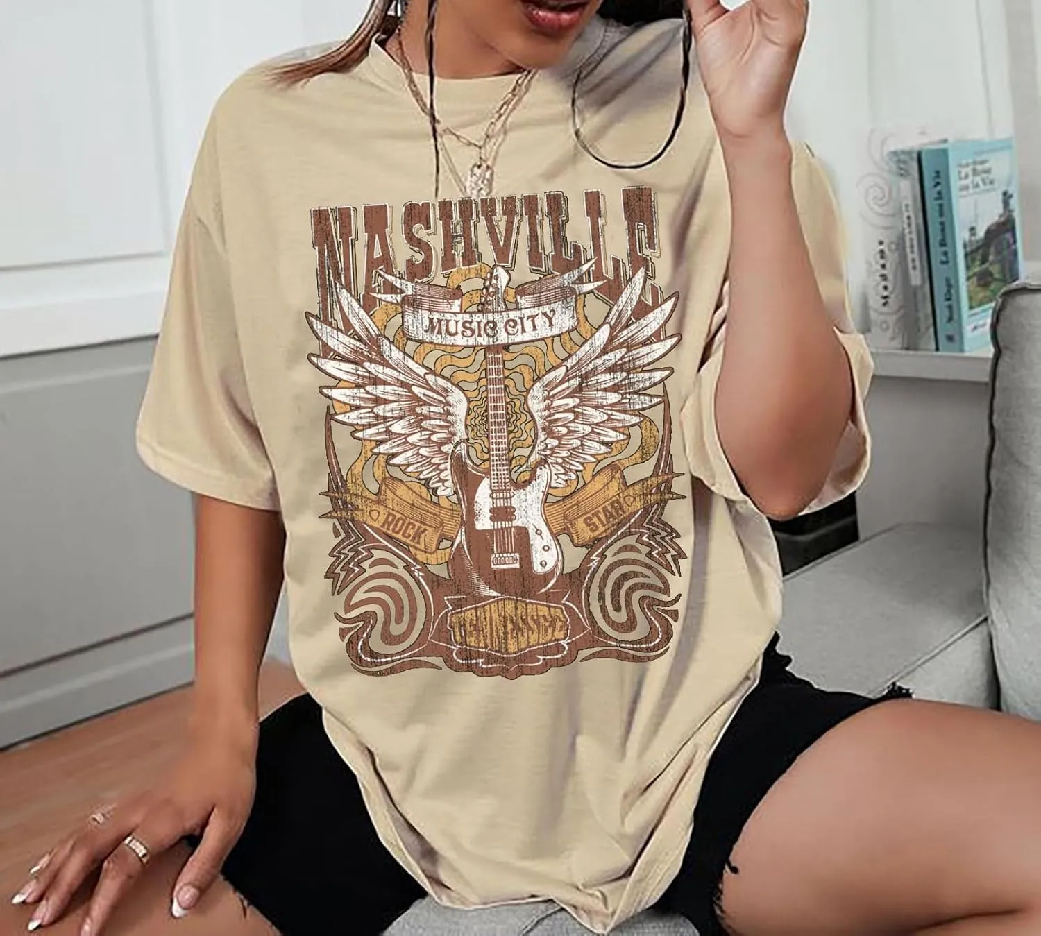 YeonYoonA Country Music City T-Shirt Women Country Music Oversized Shirts Rock Band Music City Tour Guitar Wings Tees