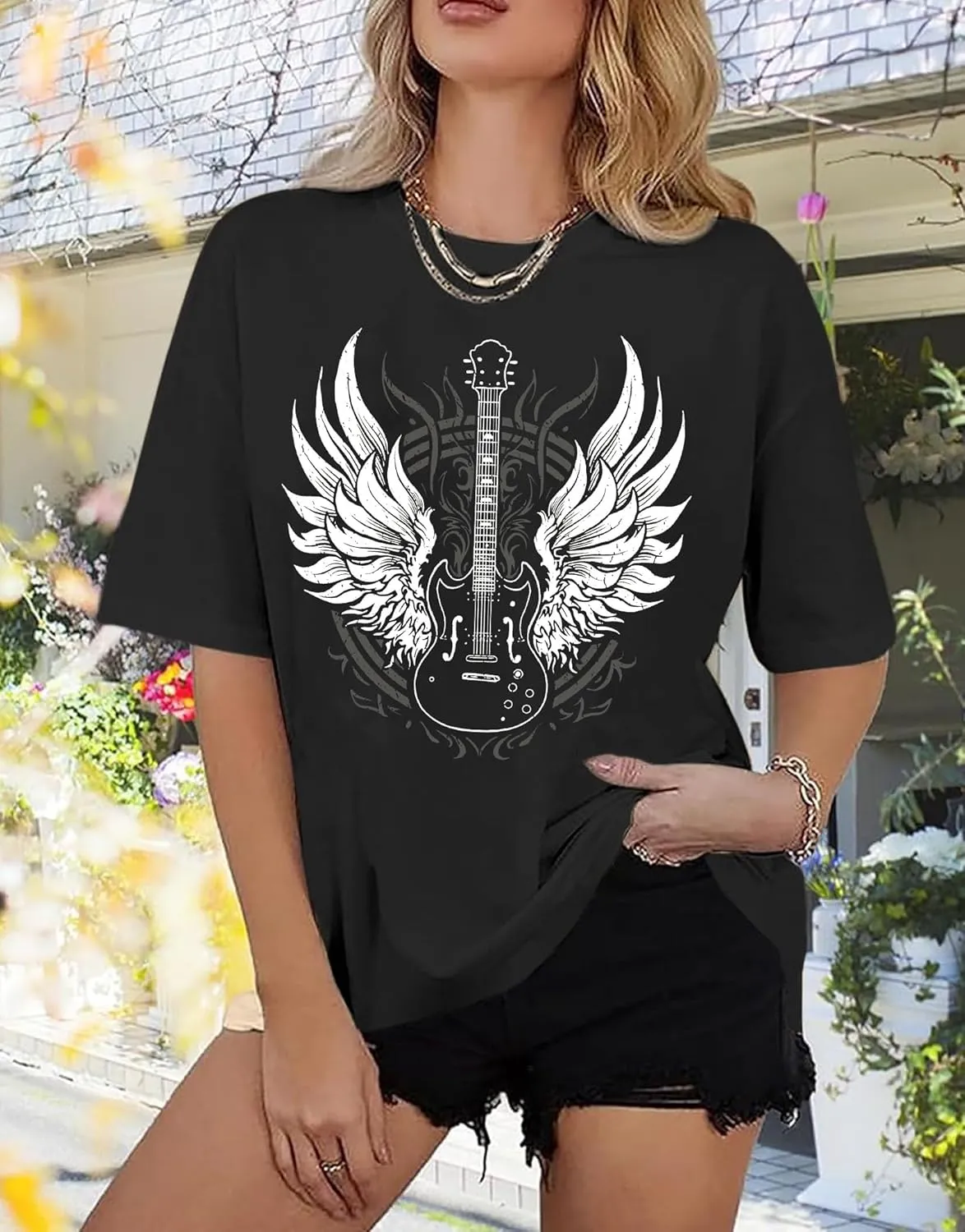 YeonYoonA Country Music City T-Shirt Women Country Music Oversized Shirts Rock Band Music City Tour Guitar Wings Tees