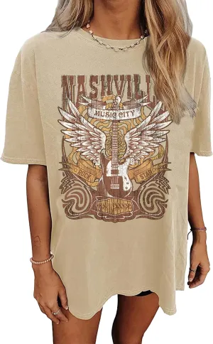 YeonYoonA Country Music City T-Shirt Women Country Music Oversized Shirts Rock Band Music City Tour Guitar Wings Tees