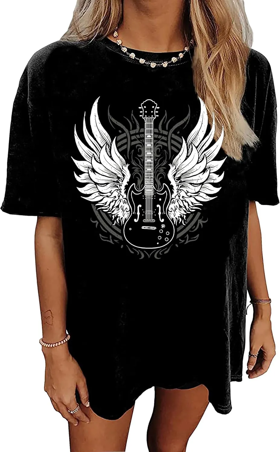 YeonYoonA Country Music City T-Shirt Women Country Music Oversized Shirts Rock Band Music City Tour Guitar Wings Tees