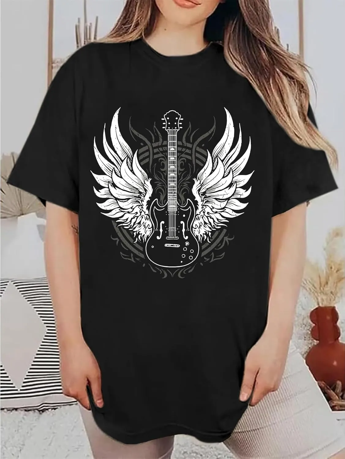 YeonYoonA Country Music City T-Shirt Women Country Music Oversized Shirts Rock Band Music City Tour Guitar Wings Tees