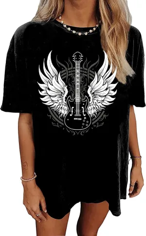 YeonYoonA Country Music City T-Shirt Women Country Music Oversized Shirts Rock Band Music City Tour Guitar Wings Tees