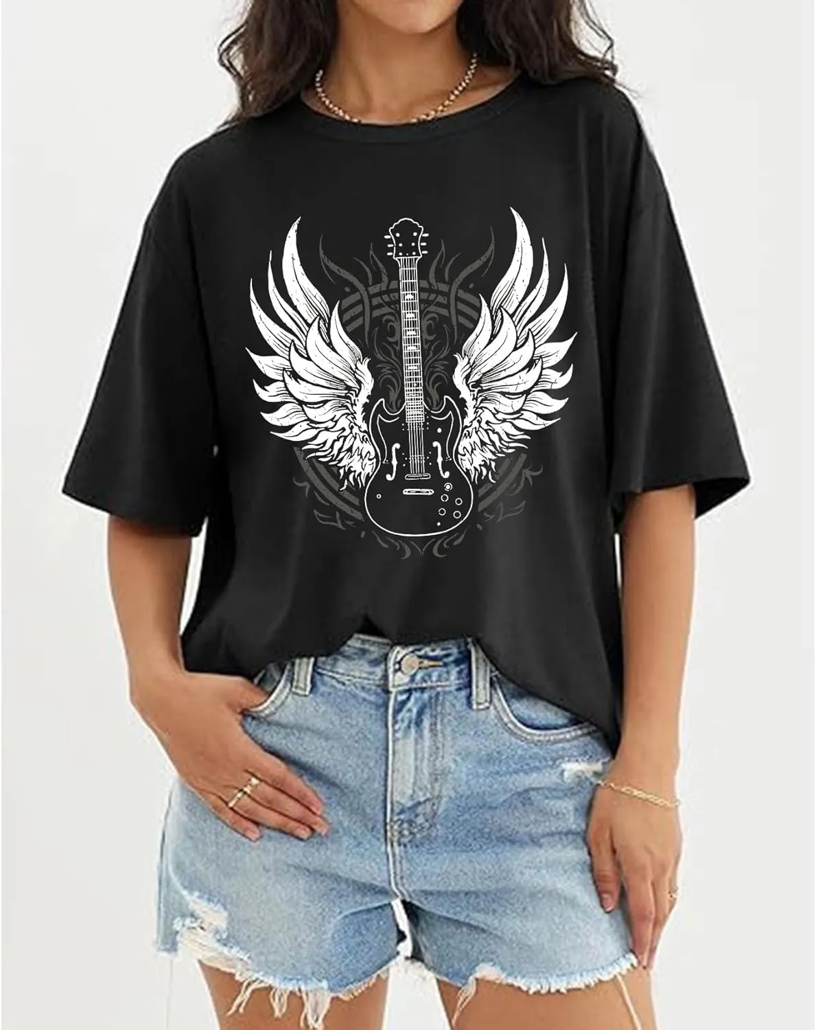 YeonYoonA Country Music City T-Shirt Women Country Music Oversized Shirts Rock Band Music City Tour Guitar Wings Tees