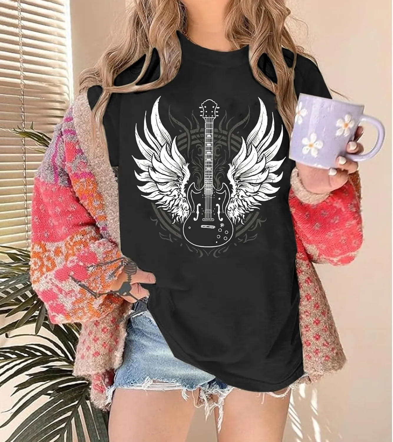 YeonYoonA Country Music City T-Shirt Women Country Music Oversized Shirts Rock Band Music City Tour Guitar Wings Tees